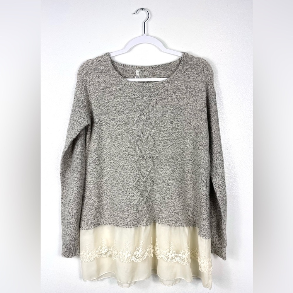 Kate Collection Heather Gray Heart & Lace Trim Sweater Medium Girly Romantic
